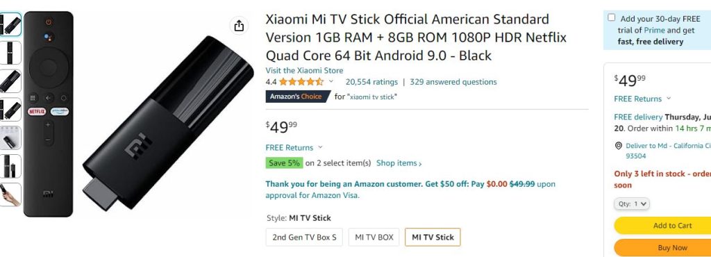 Xiaomi Mi TV Stick Official American Standard Version 1GB RAM + 8GB ROM 1080P HDR Netflix Quad Core 64 Bit Android 9.0 - Blac